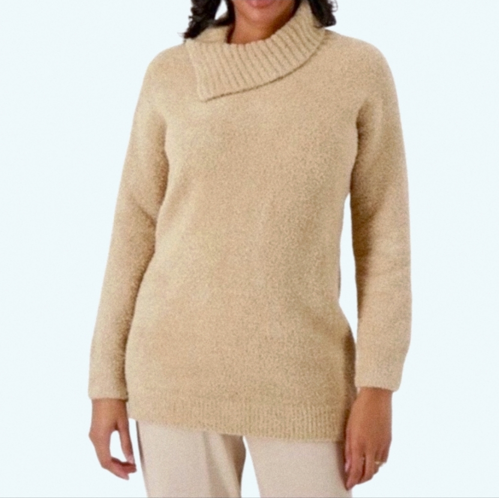 Barefoot Dreams CozyChic Teddy Cowl Neck Tunic Sweater Biscotti Size M